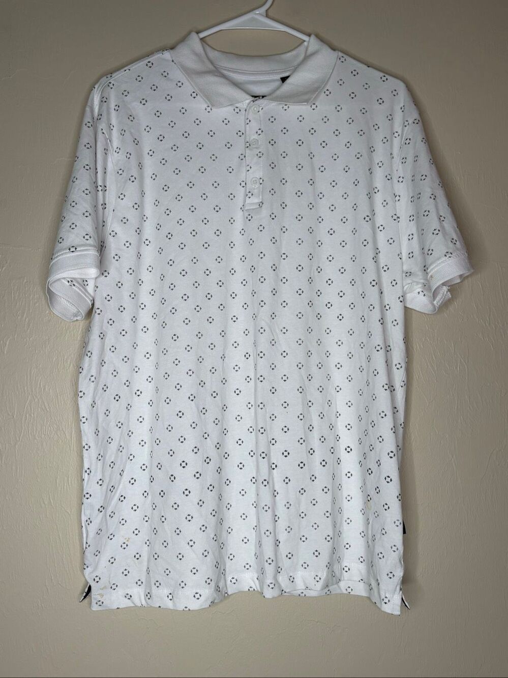 Kenneth Cole New York Men's White Geometric Print Short Sleeve Polo Shirt Size L